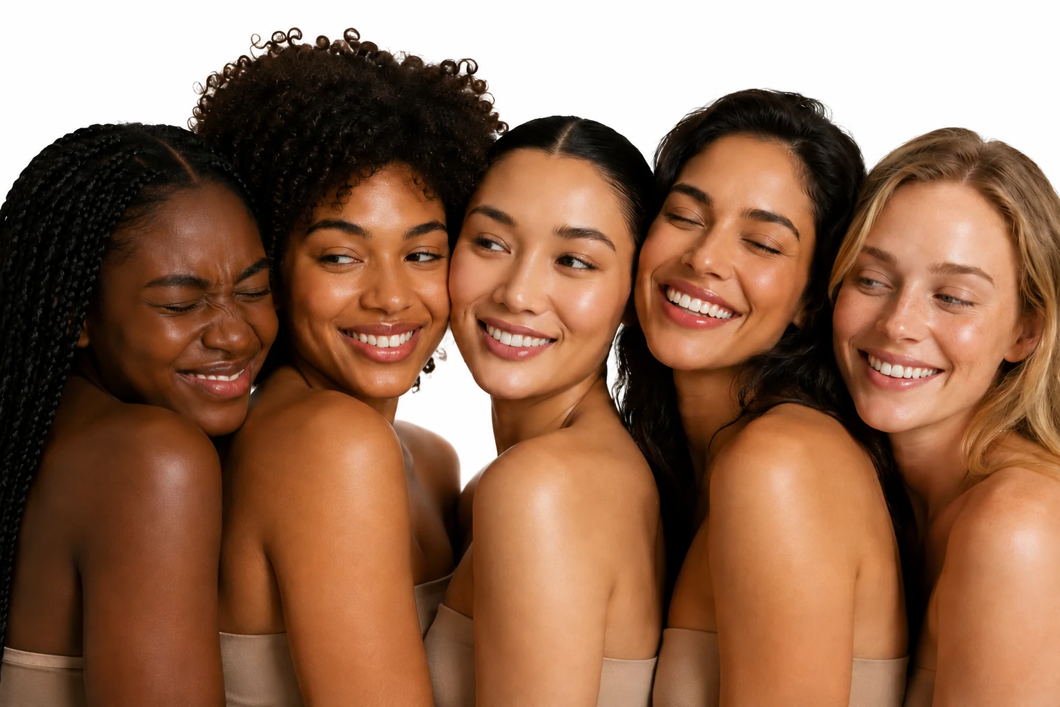 A group portrait of women with different skin tones and textures